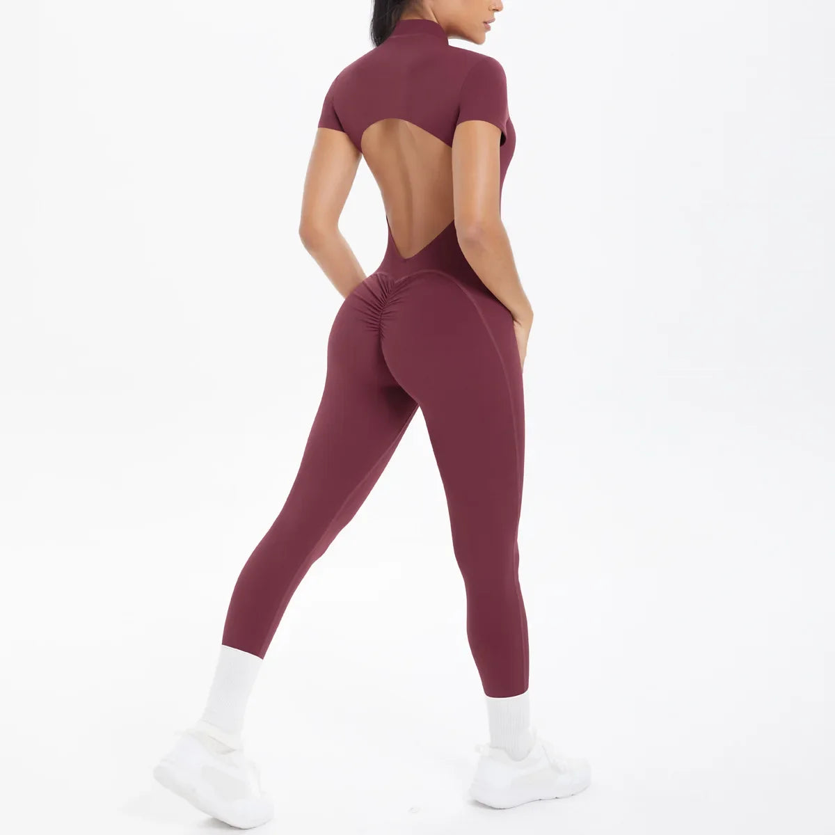 Mono deportivo de yoga sexy con cremallera frontal, espalda descubierta, manga corta, pantalones cortos, ropa deportiva para fitness, correr, gimnasio, yoga y actividades deportivas para mujer.
