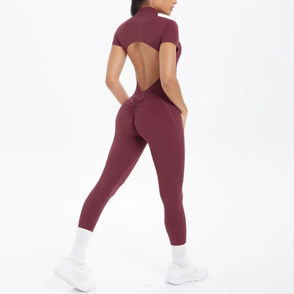 Mono deportivo de yoga sexy con cremallera frontal, espalda descubierta, manga corta, pantalones cortos, ropa deportiva para fitness, correr, gimnasio, yoga y actividades deportivas para mujer.