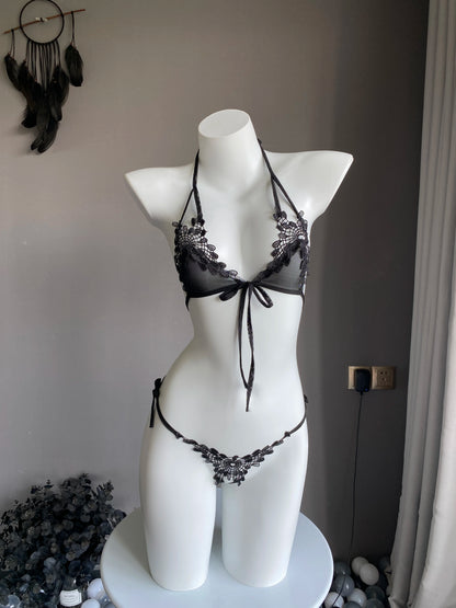 Conjunto de lencería sexy, sujetador ajustable con cordones, tanga sin entrepierna, lencería porno para mujer, mini ropa interior halter, bikini para cosplay.