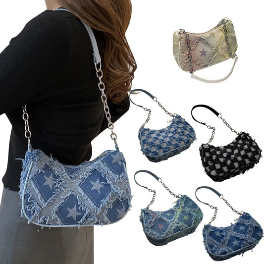 Nuevo bolso de mezclilla a cuadros para debajo del brazo, diseño vintage Y2K, con correa de cadena para el hombro, bolso de compras callejero