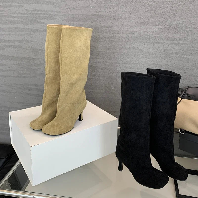 Botas de lujo para mujer, botas de invierno con punta redonda y tacón alto hasta la rodilla, estilo punk, botines largos para mujer