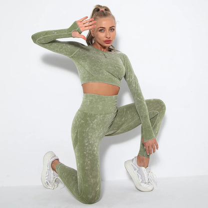 Conjunto de gimnasio con top corto sin costuras para mujer, conjunto de entrenamiento de yoga, ropa deportiva, leggings push up, chándal