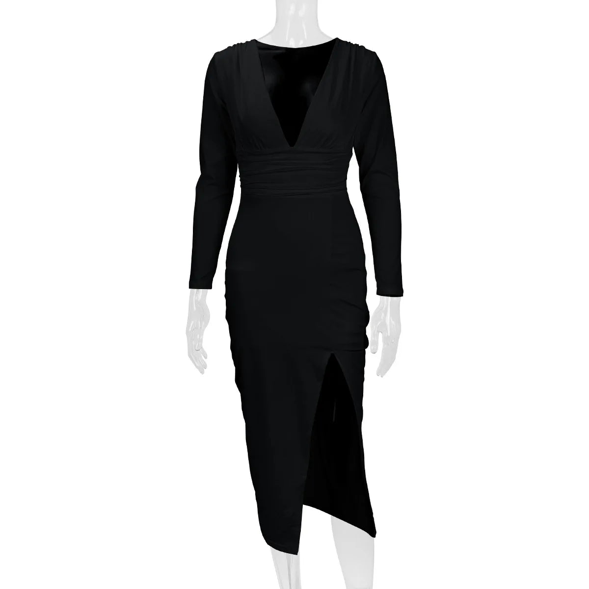 2025 Autumn Winter Female Fashion Slim Fit Long Sleeve V Neck Dress Women's Sexy Slit Knee Length Midi Dress Regular Shoulder