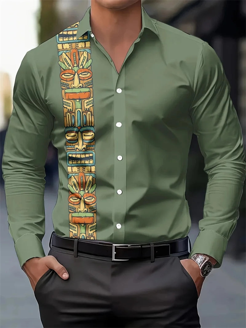 Camisa de hombre de moda, con lunares, solapa abotonada, estilo hawaiano veraniego, ideal para la ciudad o las vacaciones. Manga larga.
