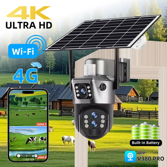 Cámara de seguridad CCTV V380 Pro 4K 8MP con 2 lentes, WiFi 4G, energía solar, visión nocturna PIR para exteriores, IP66, batería de bajo consumo.