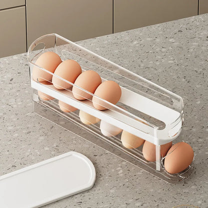 Caja de almacenamiento de huevos para refrigerador de dos capas, soporte automático para huevos con ruedas, estante estilo escalera, dispensador de huevos para refrigerador, organizador de huevos