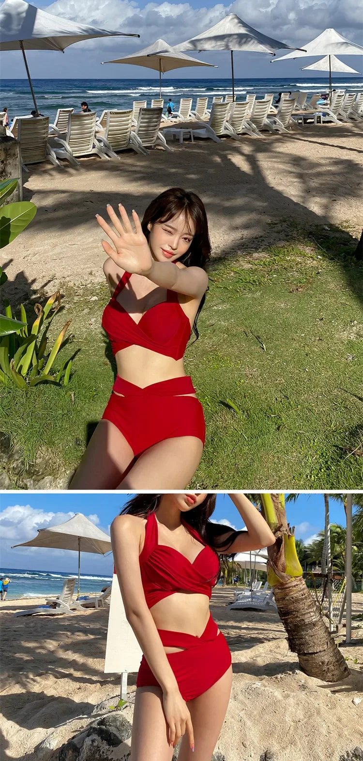 Bikinis sexys 2024, trajes de baño para mujer, traje de baño femenino de cintura alta, trajes de baño rojos push up, conjunto de bikini coreano para niñas, ropa de playa, bañista