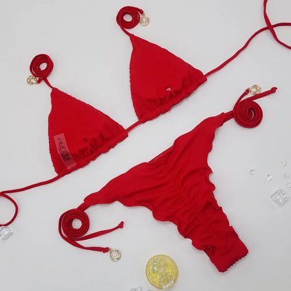 Bikini unicolor con purpurina, bañador sexy con cuello halter, traje de baño para mujer, conjunto de bikini con lentejuelas brillantes, ropa de playa, bikini brasileño