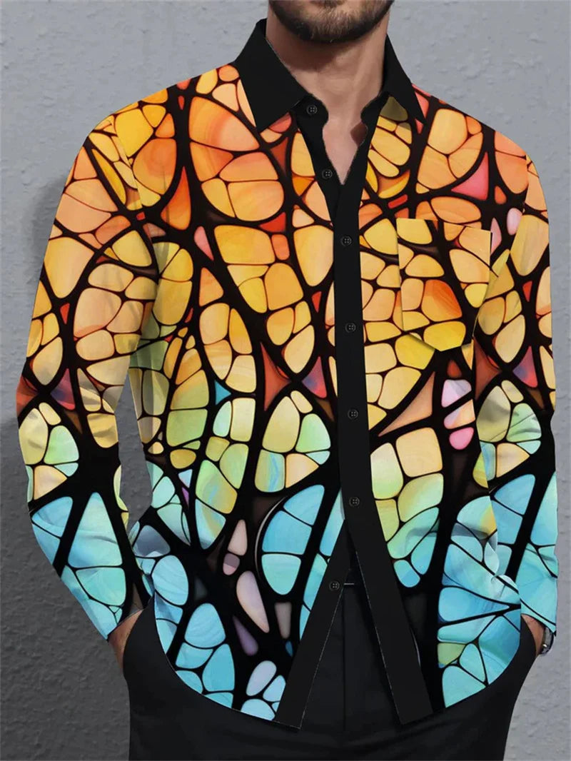 Camisa de lino para hombre, con estampado floral, solapa, estilo urbano, manga larga, moda urbana de diseñador.