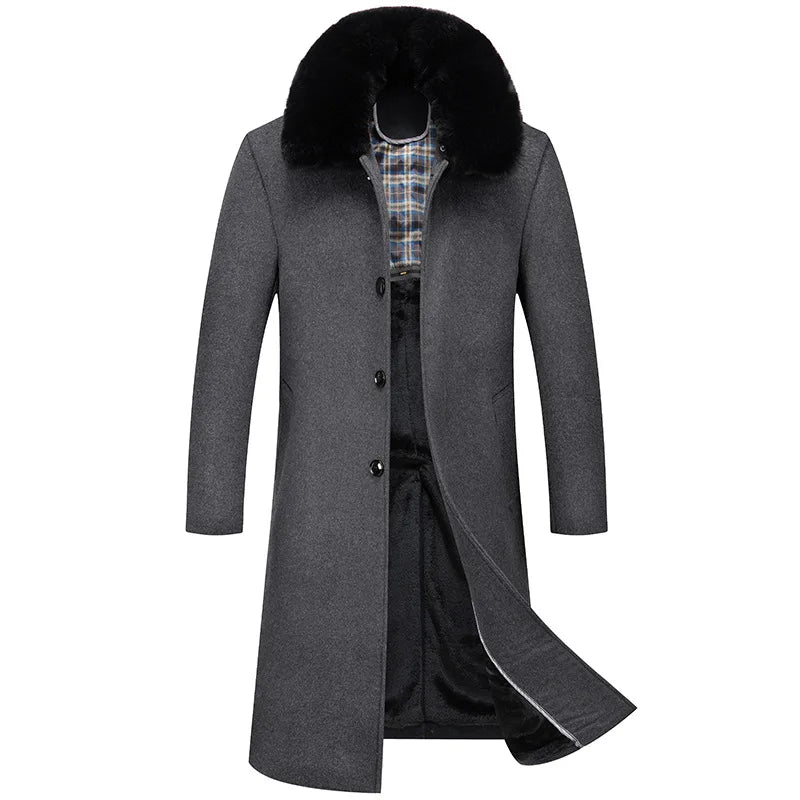Abrigos de lana con cuello de piel para hombre, estilo informal de negocios, chaquetas extralargas de cachemir, gabardinas de invierno, forro polar de alta calidad para hombre, mezcla de lana cálida