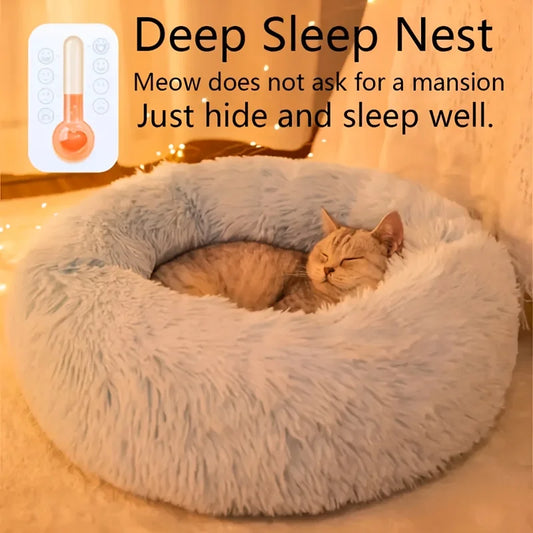 1 cama cómoda de felpa a rayas para mascotas, adecuada para gatos y perros, cálida, nido redondo para dormir profundamente, relleno, gris, suave, para interiores