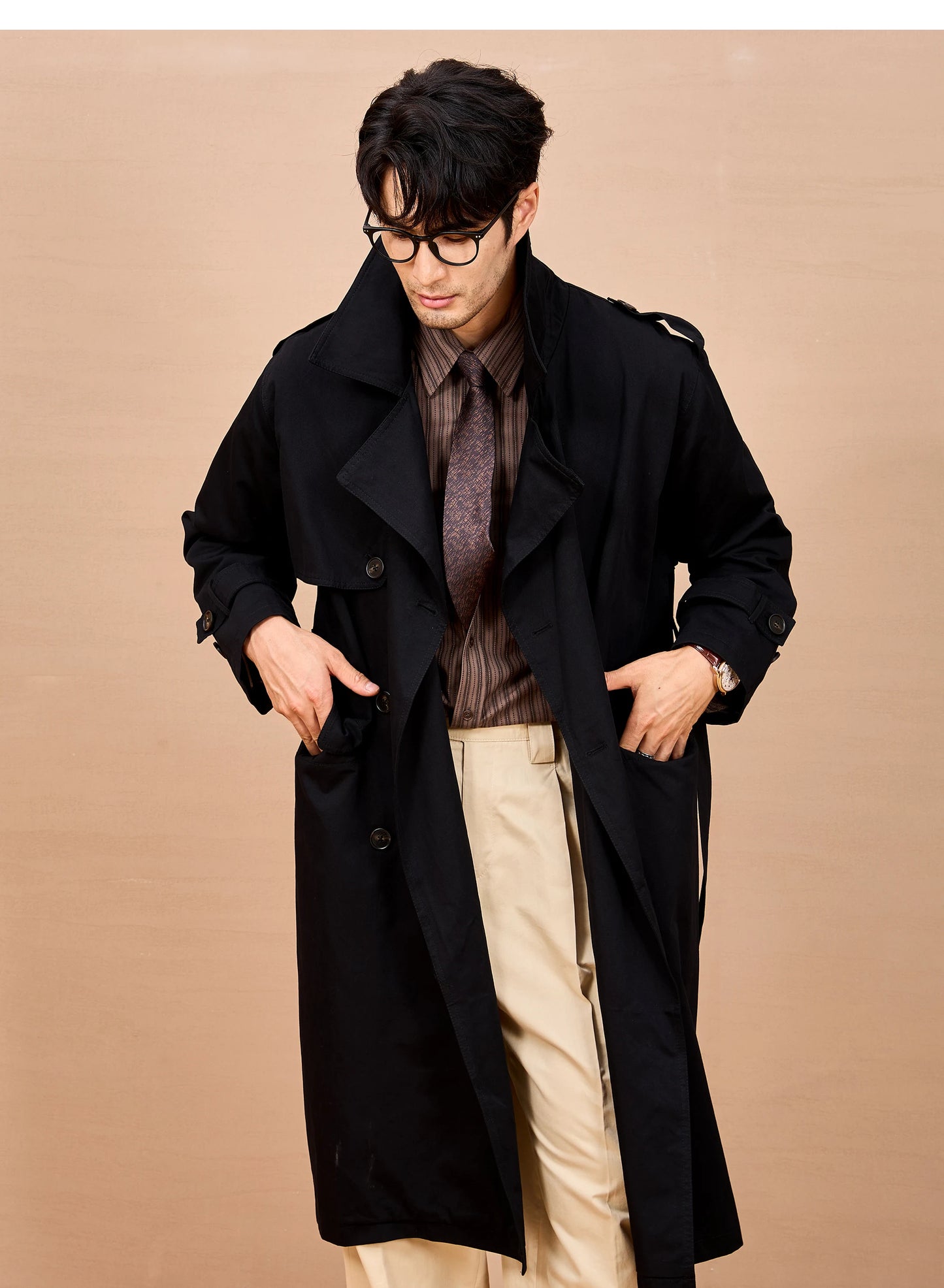 Gabardina larga negra y caqui de Mauroicardi para hombre, primavera/otoño, con hombreras, doble botonadura, estilo británico elegante, moda 2025