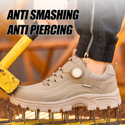 Calzado de seguridad para hombre con diseño de botones, puntera de acero, resistente a la compresión y suela antideslizante para trabajo en exteriores y talleres.