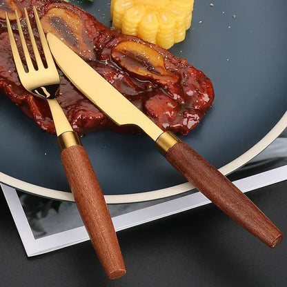 Juego de 4 cubiertos con mango de madera de acero inoxidable, cuchillo, tenedor y cuchara, apto para lavavajillas.