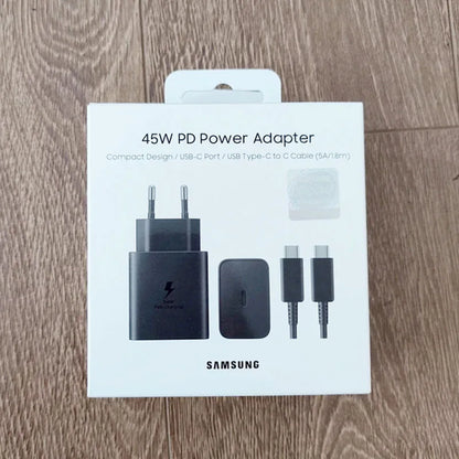 Cargador Samsung EP-T4510 de 45 W PD, carga súper rápida para Galaxy S25 Ultra Plus S24 S23 A56 C55, adaptador EU/EE. UU./Reino Unido, cable tipo C de 1,8 m.