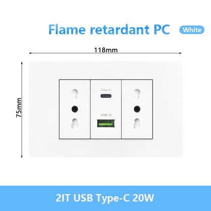 Enchufe de pared USB inteligente tipo C de 20 W con carga rápida para Italia, Chile y México; panel de interruptor de luz eléctrico de Brasil con toma USB-C universal.