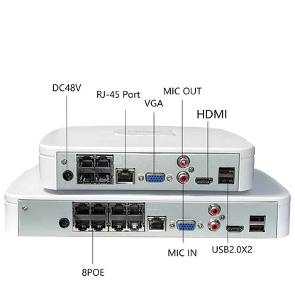 Dahua NVR PoE de 4 y 8 canales, grabador de vídeo inteligente 4K compatible con cámaras IP de 4 MP, 8 MP y 12 MP, multilingüe, H.265 (NVR2104-P-4KS3 y NVR2108-8P-4KS3).
