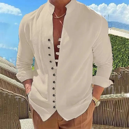 Camisa de lino y algodón para hombre, de primavera y otoño, gran oferta, camisas de manga larga para hombre, color liso, con botones, estilo informal, talla grande