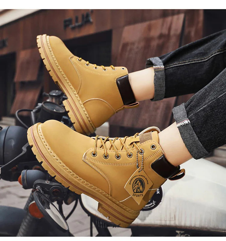 Botas altas de piel para hombre, zapatos de moda para motociclista, botines de invierno con cordones, botas vaqueras.