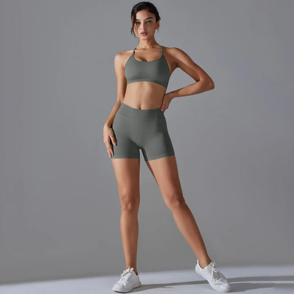 Conjunto deportivo de yoga, mallas de gimnasio de secado rápido, tirantes cruzados con absorción de impactos, pantalones cortos de ciclismo para mujer, entrenamiento de yoga.