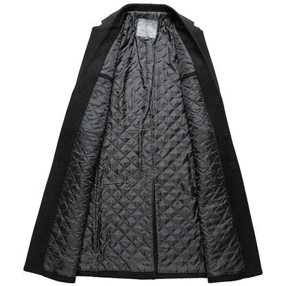 Black Men Wool Long Trench Coat Stylish Single Breasted Quilted Lined Wool Blend Pea Coats Men Winter Cashmere Coat Windbreaker