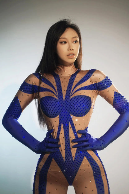 Female Sexy Stretch Long Sleeve Bodycon Bodysuit Exotic Pole Dancer Outfit Crystal Rompers Skinny Women Club Prom Party Jumpsuit