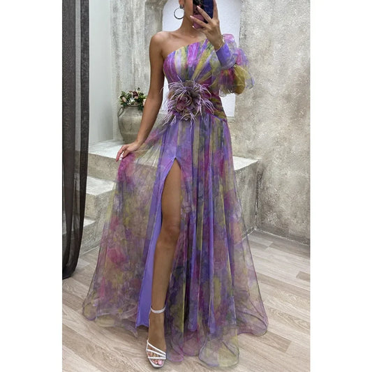 Women's Summer Fashion Casual Dress Slant Neck Off Shoulder Long Sleeve Mesh Dress Flower Waist Split Dress Holiday Party