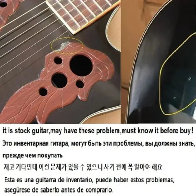 Guitarra acústica de fondo redondo con pequeños defectos, tapa flameada de alto brillo, 6 cuerdas, 38"