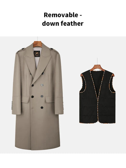Worsted pure wool coat for men super long, knee length double breasted thickened and warm classic business wool coat for men