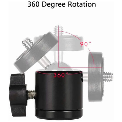 Adaptador de cabezal de cámara para trípode con zapata de 1/4" y orificio para tornillo, cabezal esférico con bloqueo, soporte para flash y luz LED para cámaras DSLR y DV.