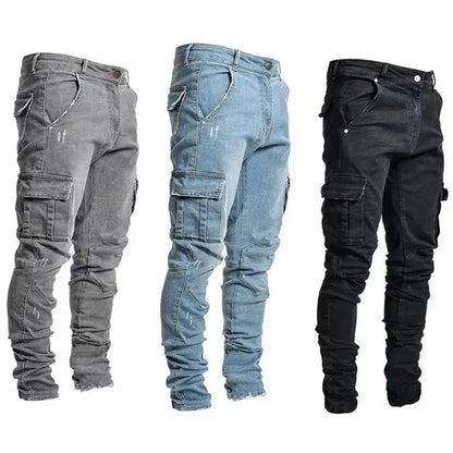 Pantalones vaqueros casuales de hombre, estilo lápiz, elásticos, con múltiples bolsillos, corte ajustado, estilo urbano, lavado liso, cintura media, estilo cargo.
