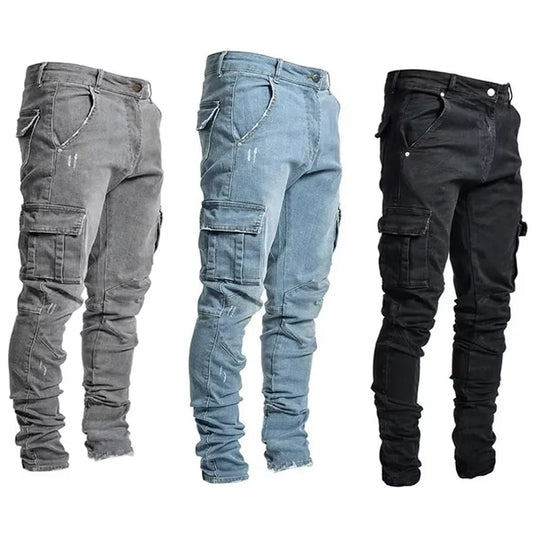 Pantalones vaqueros casuales de hombre, estilo lápiz, elásticos, con múltiples bolsillos, corte ajustado, estilo urbano, lavado liso, cintura media, estilo cargo.