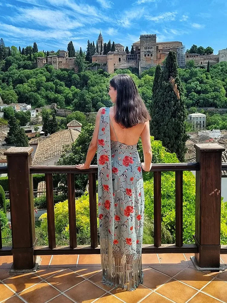 Vestidos elegantes de una pieza para mujer, sin mangas, con cuello tipo bufanda, espalda descubierta, estampado y borlas.