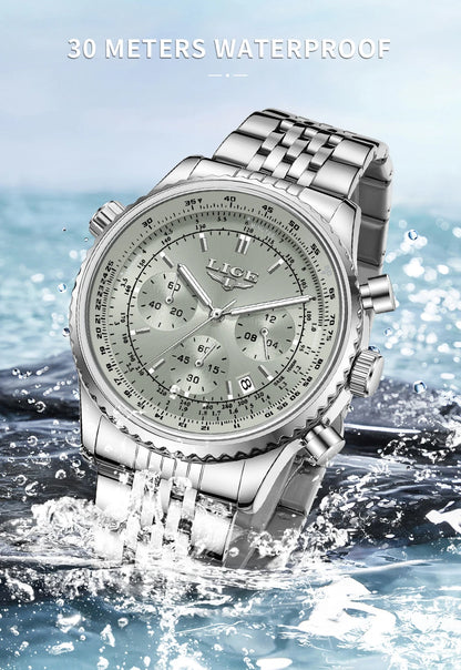 Relojes de lujo LIGE para hombre, cronógrafo con fecha, acero inoxidable, resistente al agua, luminoso, deportivo, militar, de cuarzo