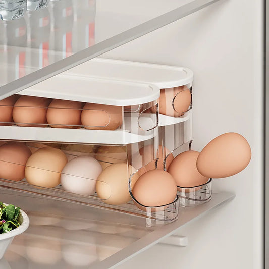 Caja de almacenamiento de huevos para refrigerador de dos capas, soporte automático para huevos con ruedas, estante estilo escalera, dispensador de huevos para refrigerador, organizador de huevos