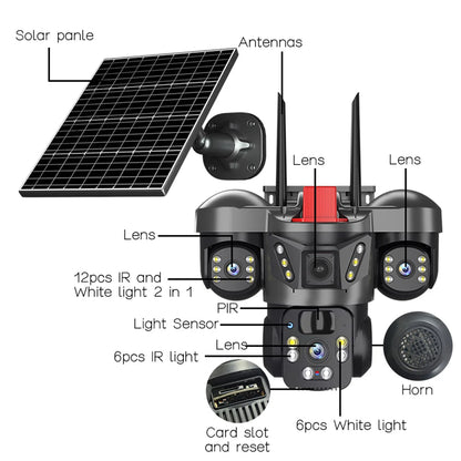 Cámara de vigilancia solar 8K 15MP con tres pantallas, WiFi, seguimiento automático, PTZ, tarjeta SIM 4G, cámara IP solar inalámbrica V380 Pro
