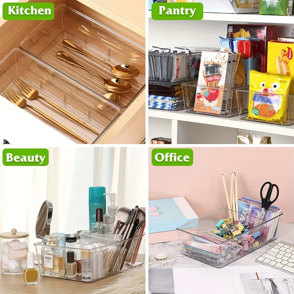 Contenedor transparente para almacenar refrigerios, apilable, ajustable y fácil de limpiar. Ideal para condimentos, especias y cajas de embalaje.