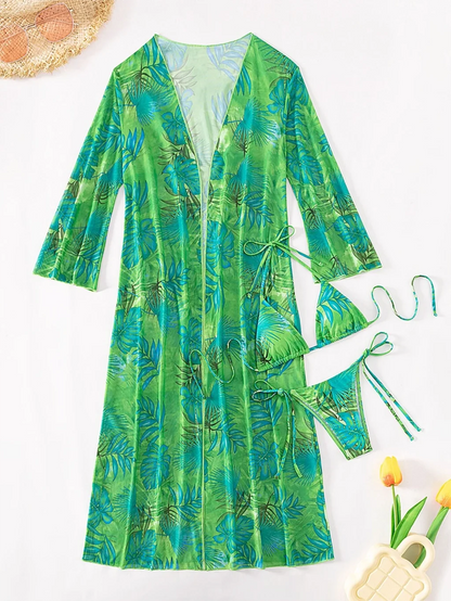 Bikini de tres piezas con tiras triangulares 2025 para mujer, traje de baño tipo kimono, ropa de baño sexy para mujer, traje de baño para playa