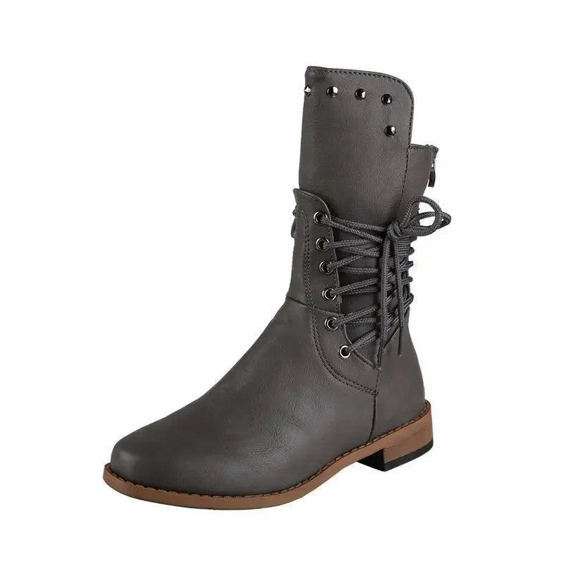 Botas de media caña con remaches para mujer, botines de caballero a la moda, estilo británico, para otoño e invierno, con cordones cruzados, de PU