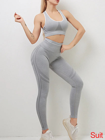 Conjuntos de ropa deportiva de media pieza sin costuras para mujer, conjuntos de gimnasio de manga larga, sujetador deportivo de yoga, leggings push up y mallas deportivas.