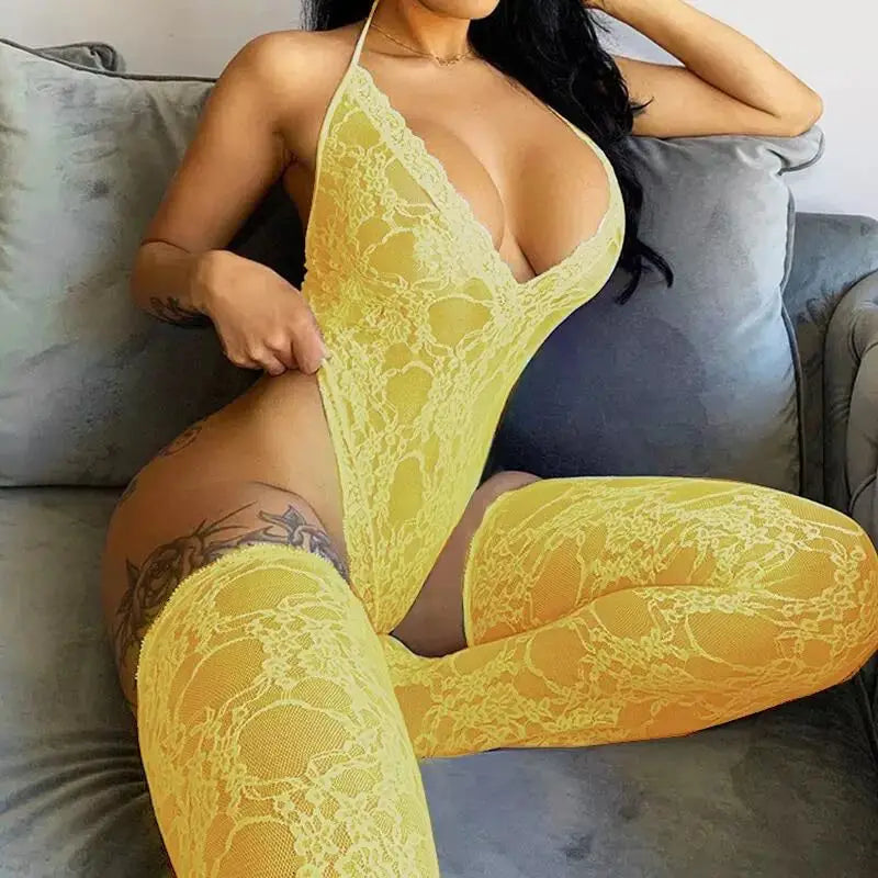 Body erótico sexy de malla de encaje, sexy, sin mangas, con espalda descubierta, estilo babydoll con tirantes y escote en V profundo, mono de moda para mujer