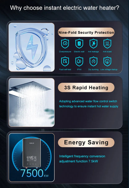 Calentador eléctrico instantáneo de agua IPX4, 7500 kW, calentamiento rápido, sin tanque, con pantalla LED y resistencia al agua.