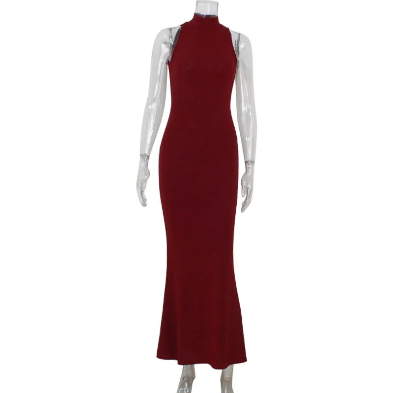 2025 New Women's Elegant Shiny Party Bodycon Robes Sexy Slim Sequins Red Sleeveless Long Dress Fashion Solid Maxi Gown Dresses