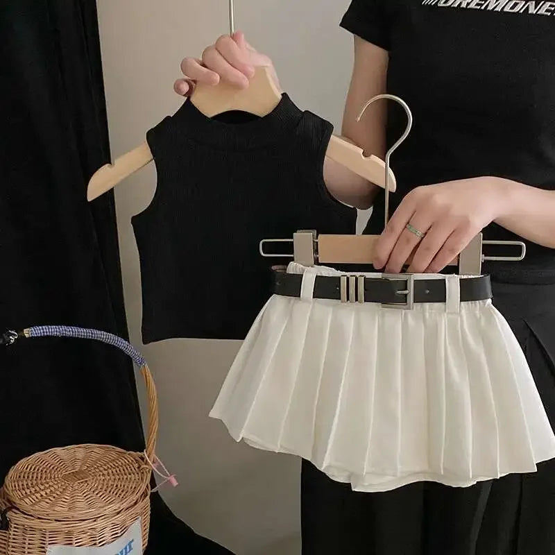 Ropa para niños, verano 2025, nueva moda para niñas, camiseta sin mangas, dulce y fresca, conjunto de falda de moda, ropa sencilla para niñas.
