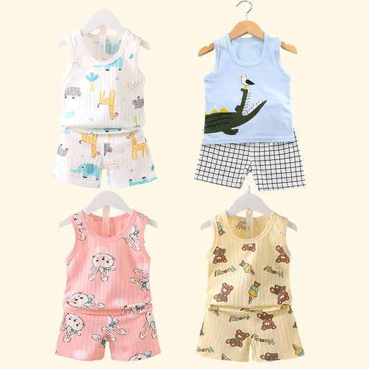 Ropa para niños, camisetas sin mangas estampadas, pantalones cortos, bonitos y transpirables, conjunto de chaleco y pantalones cortos de verano para niños, camiseta sin mangas para ropa de bebé para niños