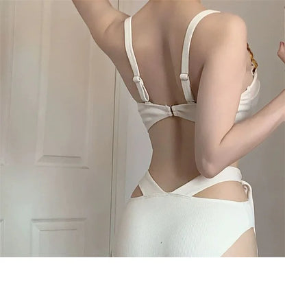 Sexy Fashion Swimsuit One Piece Black and Beige Underwire Bikinis with Waist Tie Hollow Bodysuits Bikinis Padded Swimwear