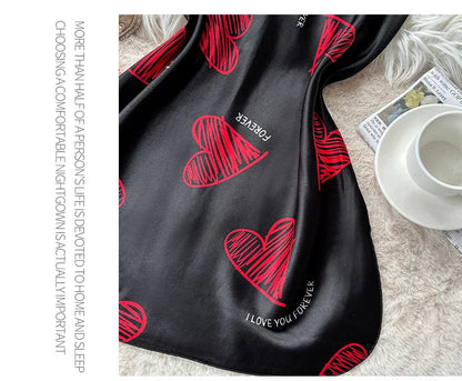 Camisón de satén con estampado de labios rojos para San Valentín, minivestido de dormir sin espalda y cuello en V para mujer