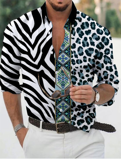 Camisa de hombre con estampado dorado, blanca, negra, roja, manga larga, cuello con botones, estilo casual y moderno, tallas grandes.