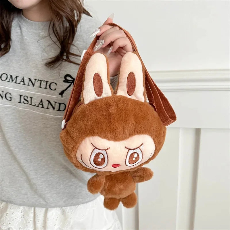 Lindo bolso bandolera de peluche con diseño de elfo de dibujos animados, de poliéster suave, con un solo hombro y cierre de cremallera.