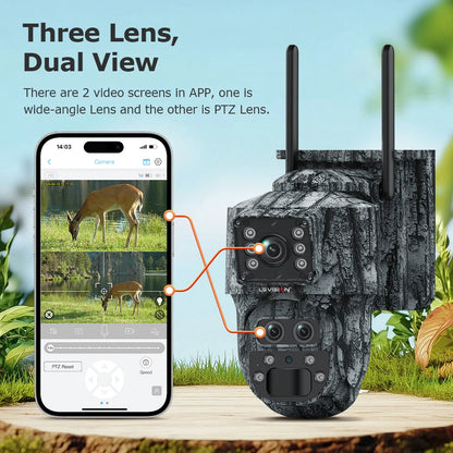 Cámara solar LS VISION 6K con zoom 15X, 4G, para caza y bosque, con sensor PIR de 12 MP, tres lentes, wifi, visión nocturna y protección IP66.